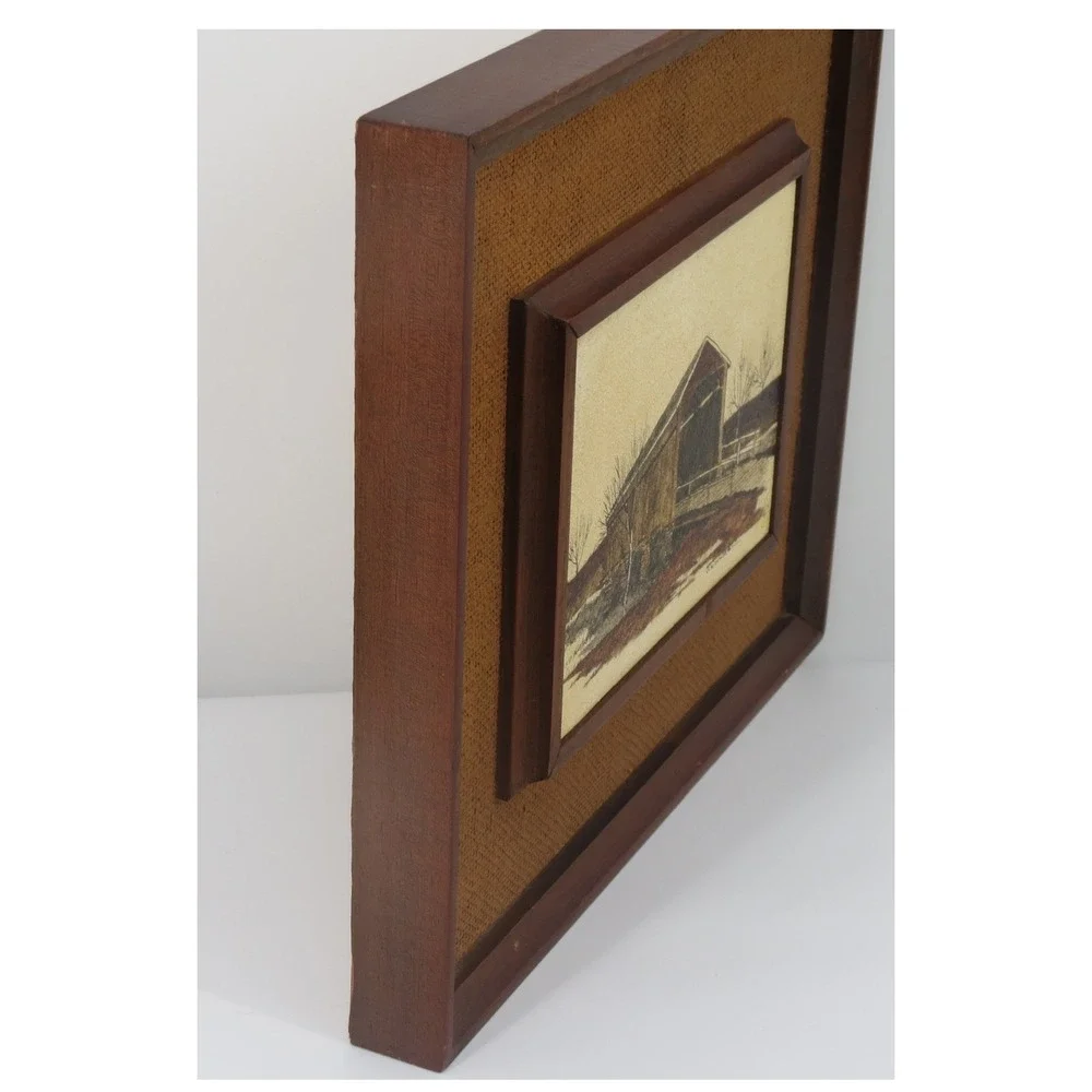 Vintage Signed Covered Bridge Lithograph,Americana, Burlap Wood Frame 13x14